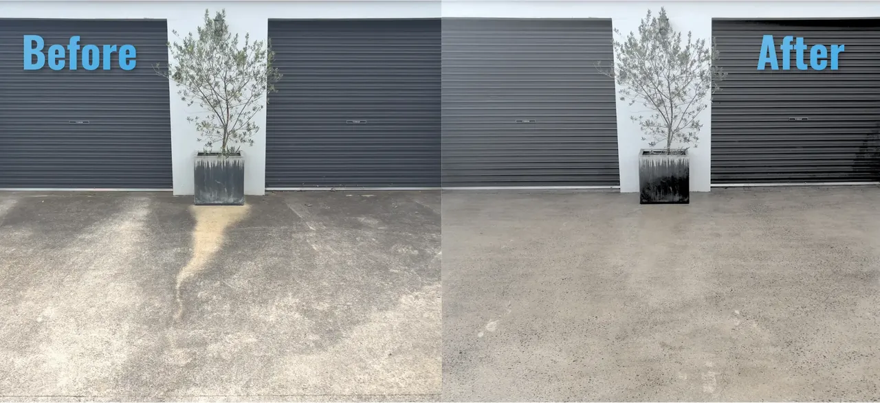 Before and after pressure washing of a concrete driveway and garage forecourt